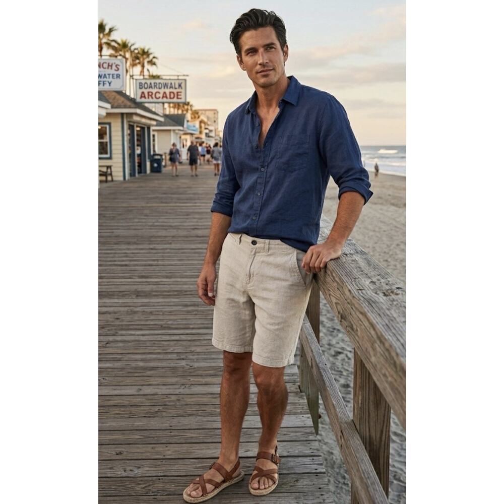 JACHS New York Chino Tan Linen Blend Shorts Resort Casual Minimalist Preppy 32
